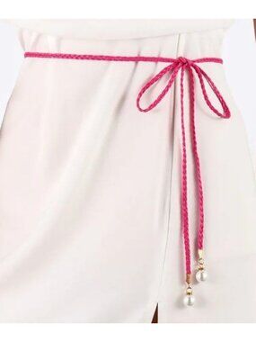 Rose Red/Pink Braided Rope Waist Belt With Pearl & Rhinestone on Tassels